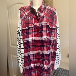 Upcycled button down with sweater sleeve